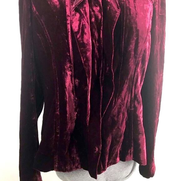 T Tahari Wine Velvet Ruffle Front Blazer Jacket - Picture 5 of 16